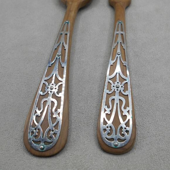 Wooden Salad Serving Fork and Spoon Set with Silver Embellishments Vintage MCM - Picture 7 of 7